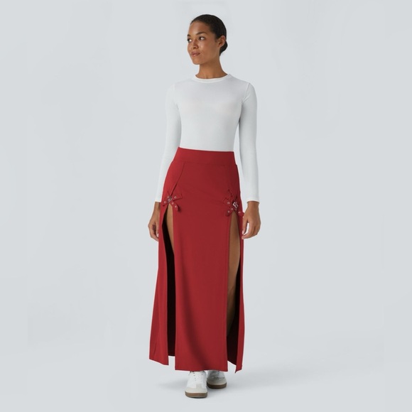 Halara High Waisted Decorative Buckle Split 2-in-1 Maxi Casual Skirt Sz XL Rust - Picture 6 of 8